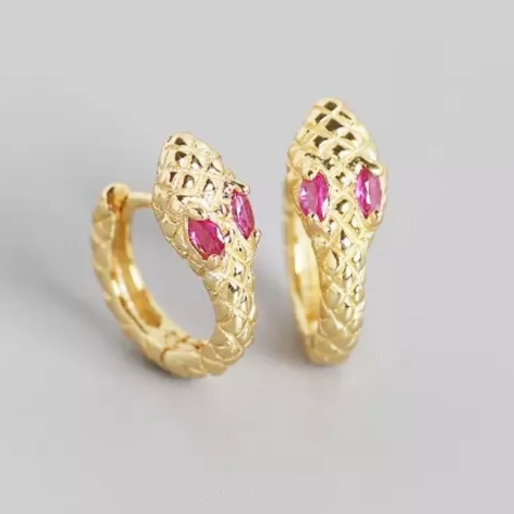 🐍Serpent Snake Hoop Stacking 925 Sterling Silver Yellow Gold Pink Zircon Eyes
